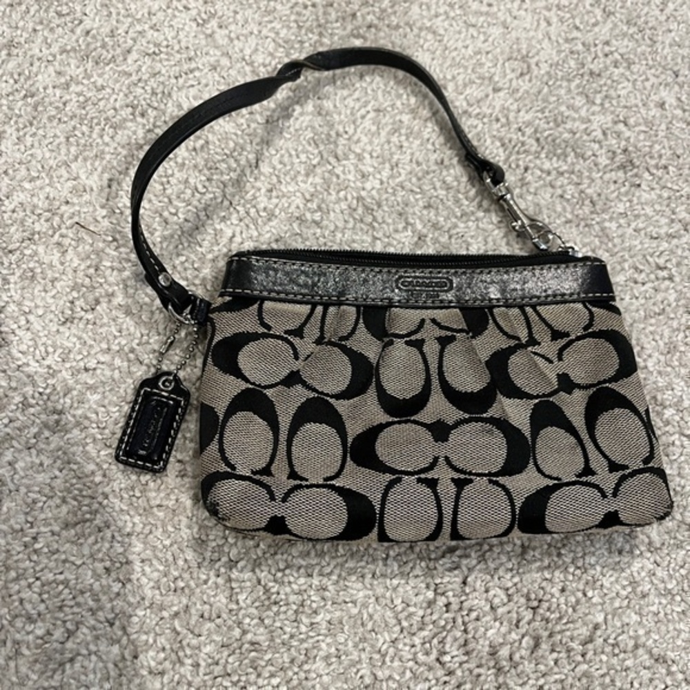 Coach Canvas Signature Logo Print Leather Trim Zipper Wristlet in Black and Gray